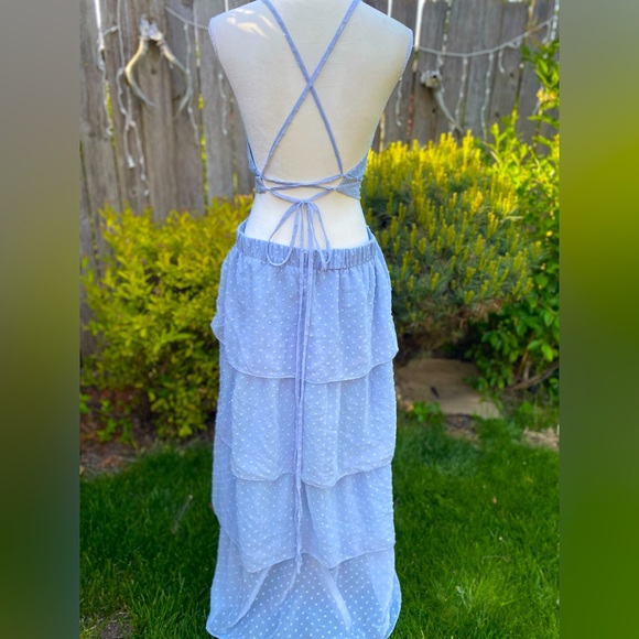 Periwinkle Pastel Blue Tiered Ruffle Backless Spring Dress Adjustable - Picture 5 of 6